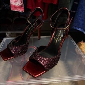 Elegant Burgundy Heels with Rhinestone Detailing